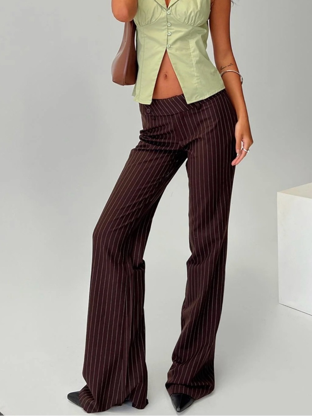 Princess Polly - Kinkirk Flared Pants Brown Pinstripe - Size 4